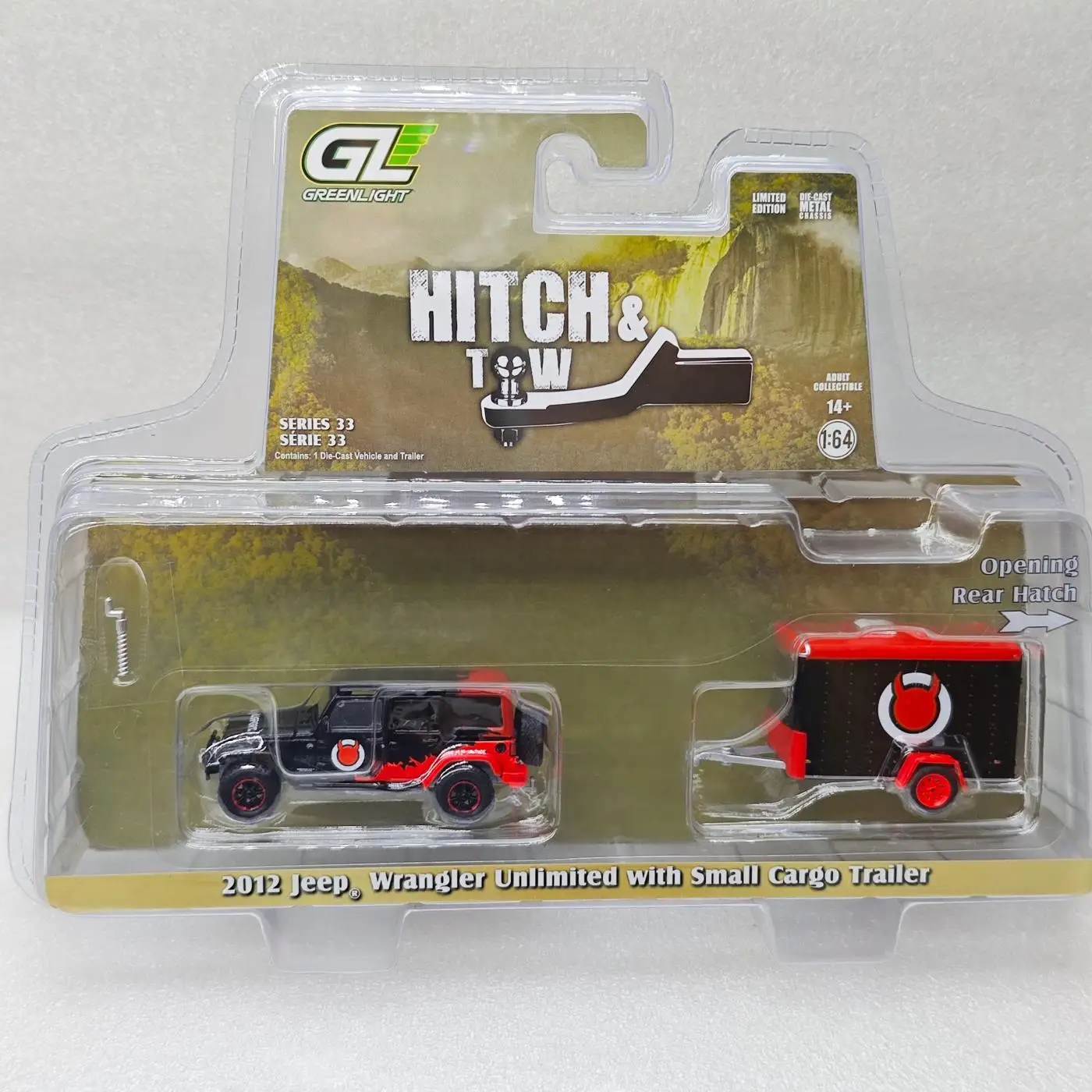 

Коллекционная модель автомобиля Green Light 1:64: Прицеп 33-2012 Jeep Wrangler Infinite, маленький прицеп Diablosport 32330-C, литая под давлением модель из сплава