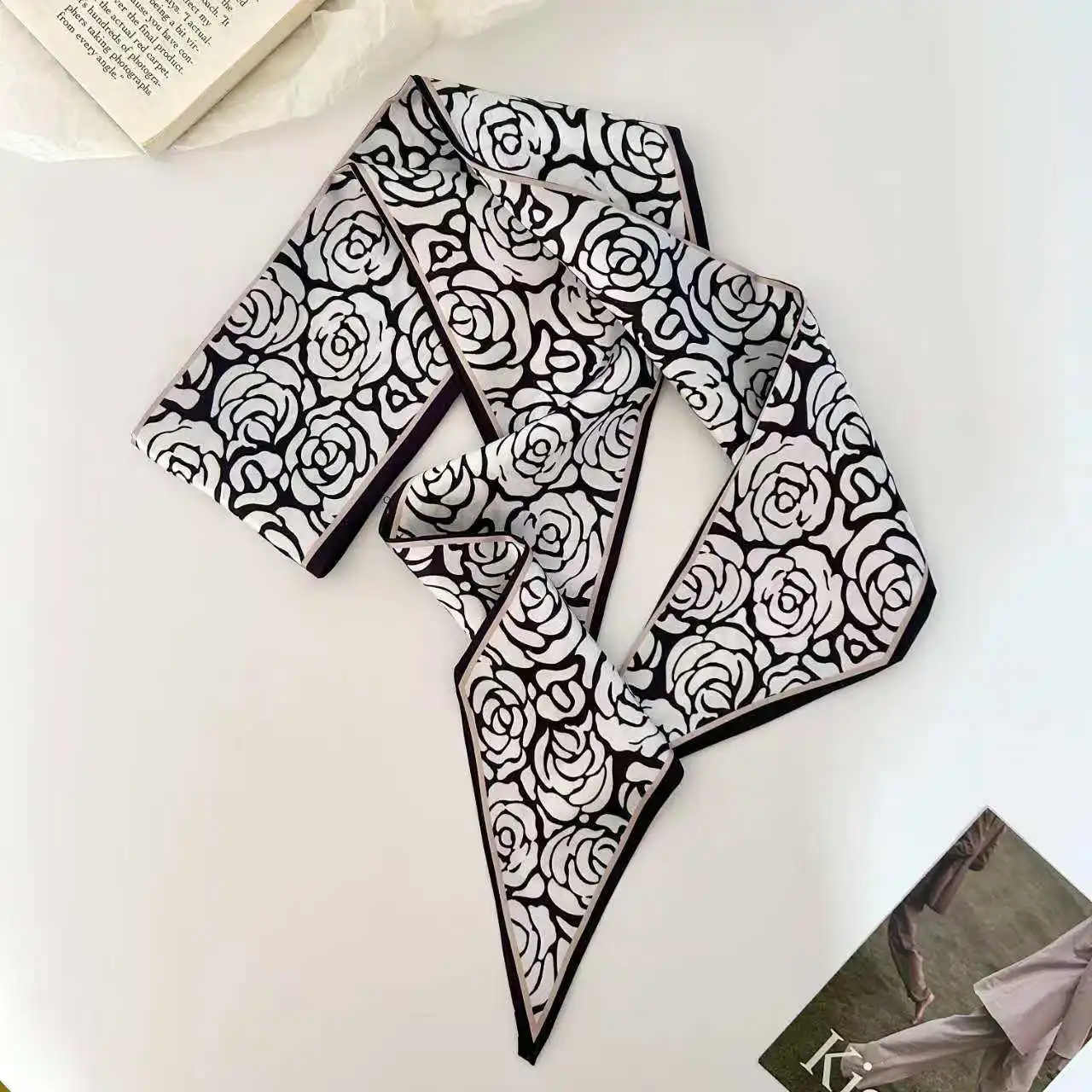 New Daily Black and White Simple Geometric for Women, Vintage Bohemian Silk Scarf Wrap, Neck Head Daily Travel Gift Trendy