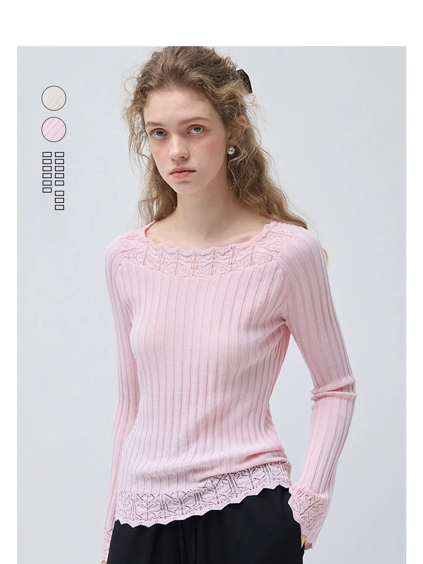 

Ele Lace Splice Knitted Sweater Women's Faionable Versatile Spring New Arrival Soft Comfortable Long Sve Crew Ne