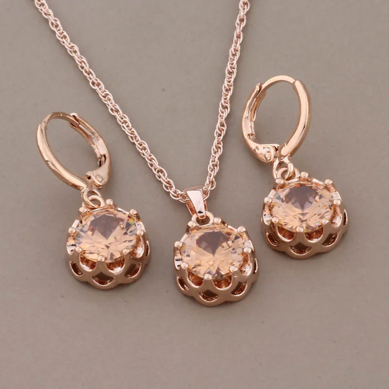 2024 Trendy Jewelry Sets 585 Rose Gold Color Drop Earring Set For Women Red Round Natural Zircon Elegant Women\'s Set