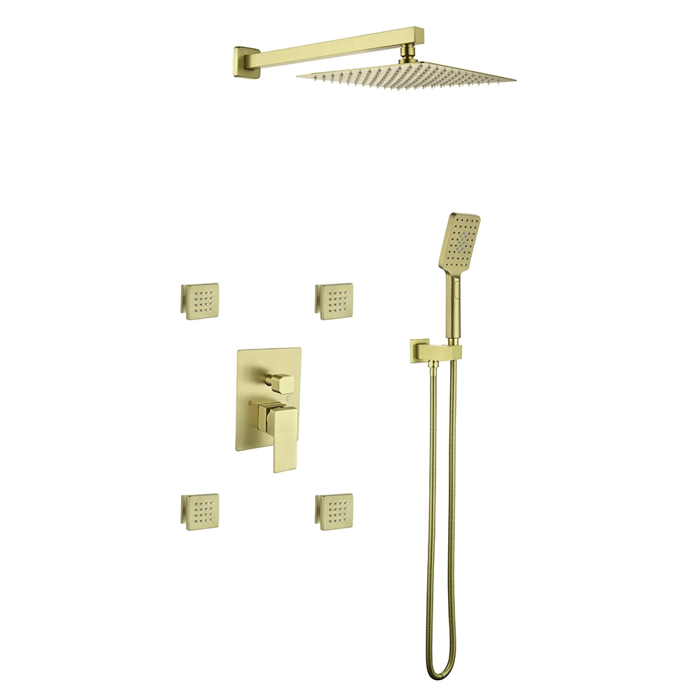 Luxury Bathroom Constant Temperature Powder Blusher Gold Polished Brass Three-way Shower Mixer