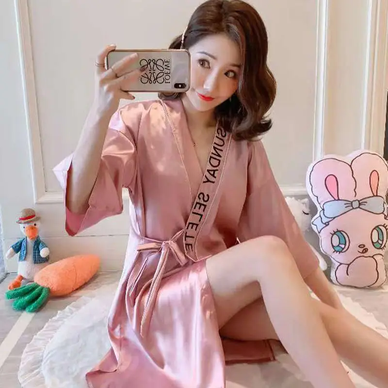 Ice silk nightgown women summer sexy pajamas lace spring and autumn long sleeve lace-up bathrobe women bathrobe single piece