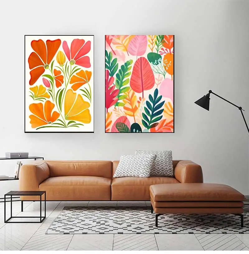 Folk Flower Wall Art Set of 6 Poster Sticky Sticker Living Room Bar Cafe Decoration