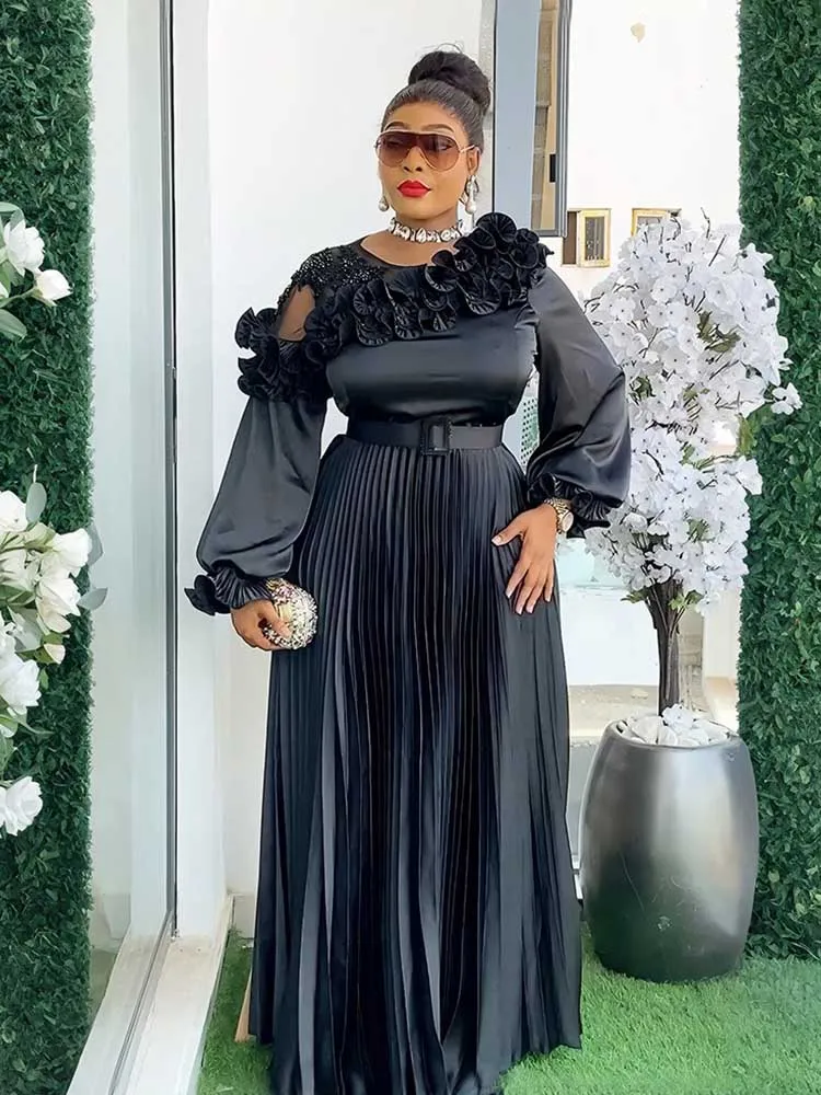 Ropa de otoño para mujer, vestido Maxi de manga larga con cinturón, vestido plisado elegante y elegante para noche y cumpleaños, vestido de fiesta de talla grande
