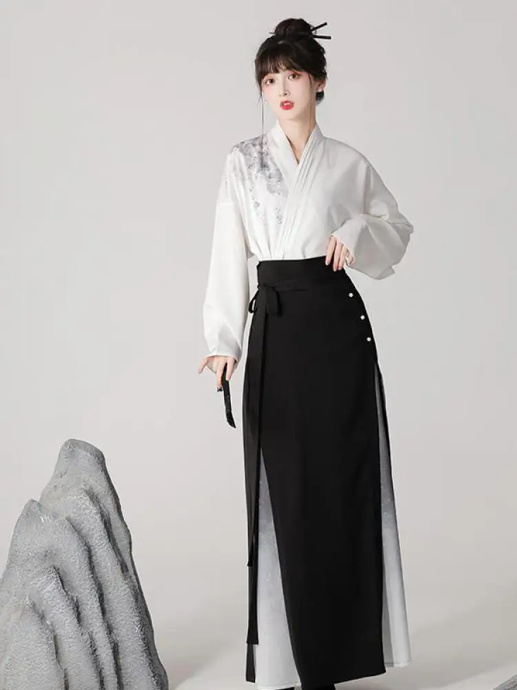 Chinese Stijl Inkt Schilderij Hanfu Jurk Pak Cross Kraag Blouse Zwarte Parel Paard Gezicht Rok Origineel En Verbeterde Moderne Hanfu