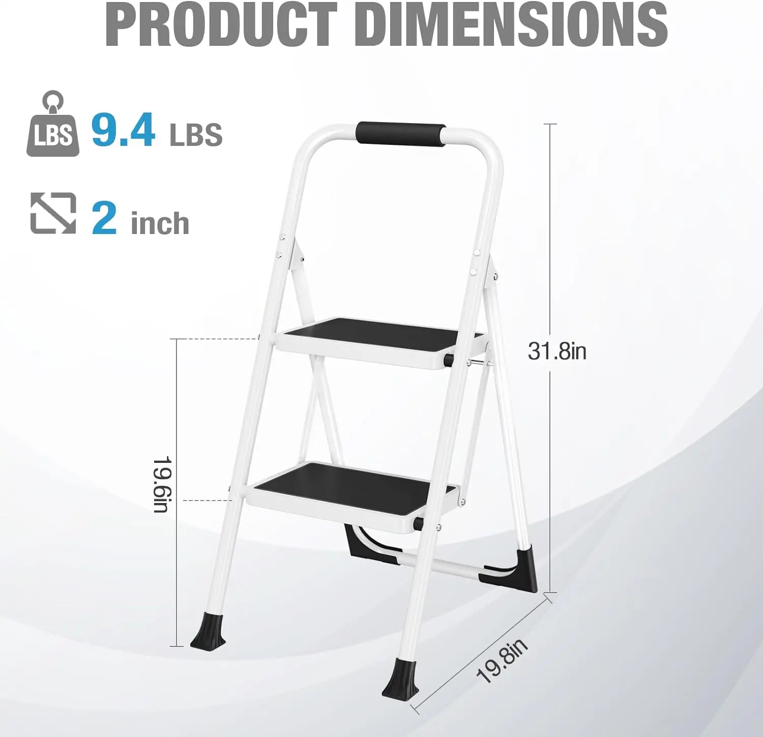 Taburete de 2 escalones para adultos, escalera plegable con mango acolchado, 330 libras de capacidad, color blanco