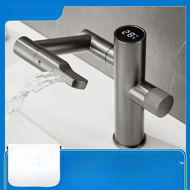 

Stainless Steel Cold and Hot Gun Ash Surface Basin Faucet Digital Intelligent Mechanical Arm Multi-functional Rotary Switch