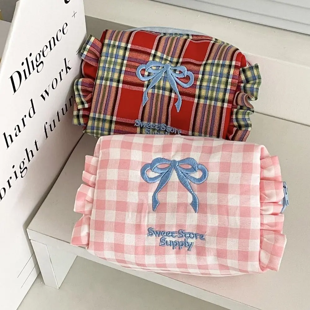 Bow Embroidered Women Cosmetic Bag Ruffle Edge Makeup Storage Bag Travel Toiletry Bag Large Capacity Zipper Checkered Coin Purse