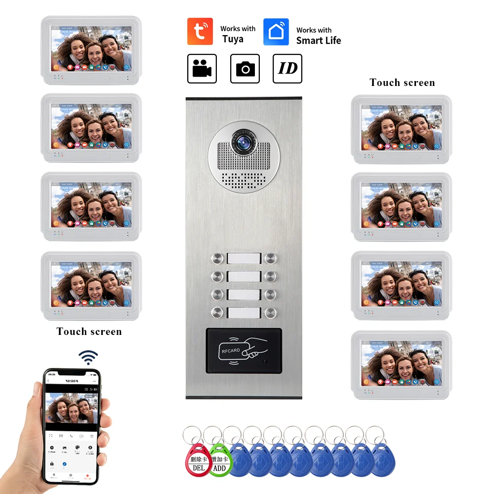 

Tuya WiFi Video Doorbell 7" Video Door Phone Intercom System RFID Access Doorbell Camera for 2/3/4/6/8 Family Apartment