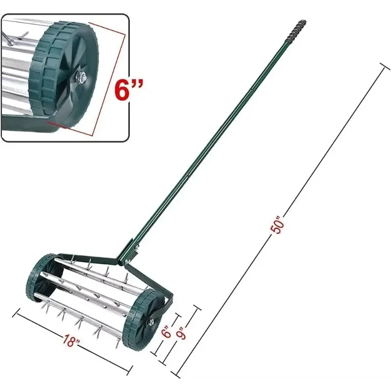 Rolling Rotary Push Tine Spike Soil Lawn Aerator with Steel Handle Tool for Garden Yard Grass Maintenance Green