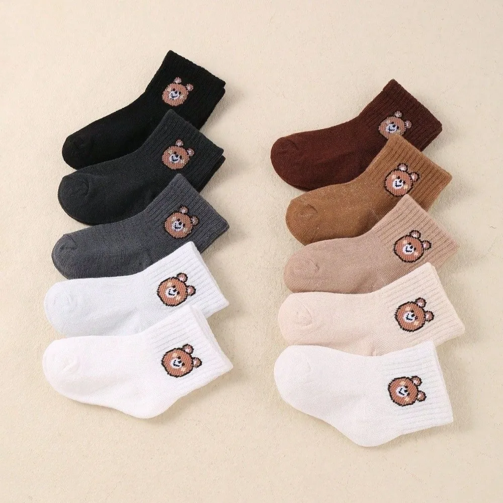 10 Pairs NEW Cartoon Bears Mid-Calf Socks Elastic Band Solid Color Children Socks Breathable Soft Cotton Short Socks Daily Use