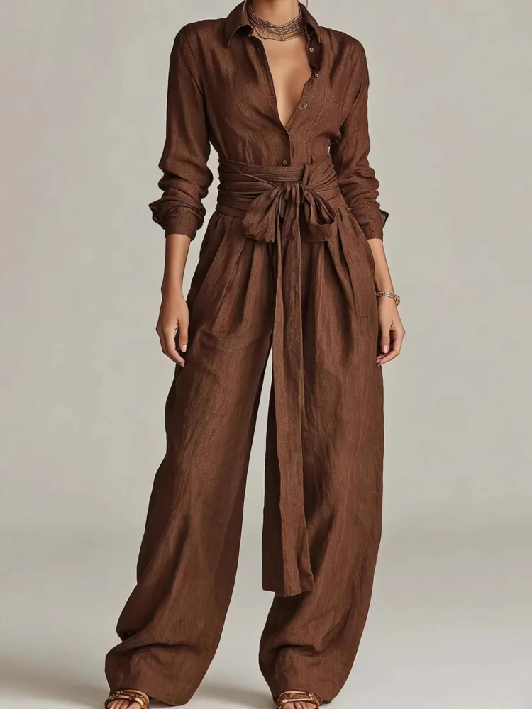

Summer Elegant Commuter Women's Set Fashion Solid Color Button Open Shirt Strap Waist Shirt Casual Wide Leg Pants Two Piece Set