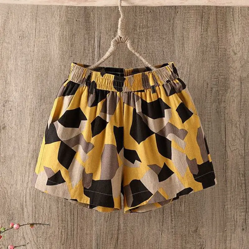 Women Summer Vintage Cotton and Linen Casual Large Size Printing High Waist Wide Leg Ladies Fashion Printing Appear Thin Shorts