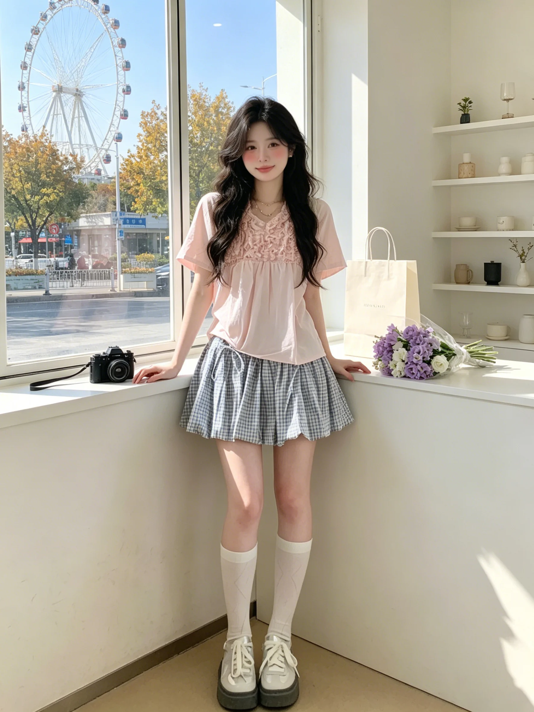 

Unique Sweet Summer Shirt And Skirt Set Women's Pink V-neck Short-sleeve Bouffant Skirt Two-piece Suit Breathable Lightweight...