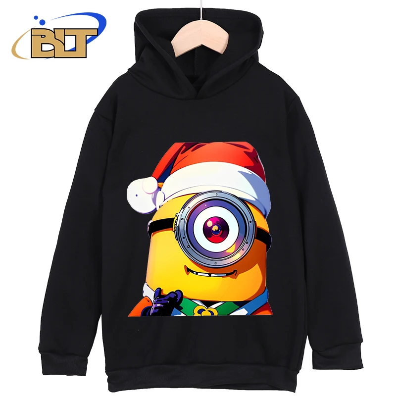 Minions Ropa infantil con estampado navideño Nuevas sudaderas con capucha para niños Tops casuales negros Ropa deportiva clásica adecuada para niños y niñas