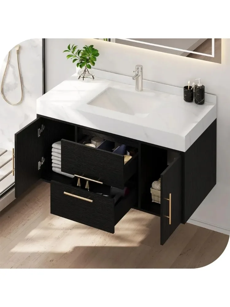 خزانة حمام، حمام عائمة باللون الأسود مقاس 40 بوصة، مع درجين وخزائن تخزين، وخزانة حمام #2