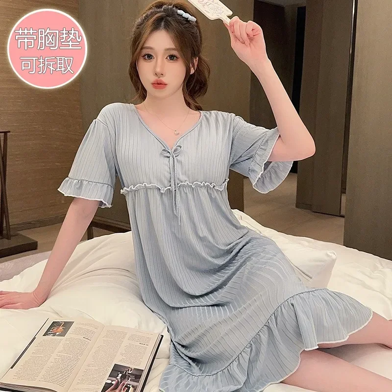 

150kg Extra Large Size Nightgown Women Summer Short-sleeved Pajamas Korean Sweet Loungewear Solid Home Clothes Mid Sleepdress