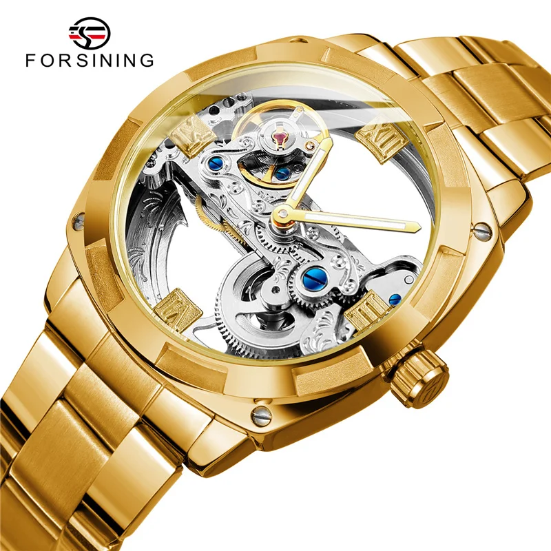 FORSINING-Reloj de pulsera de acero inoxidable para hombre, diseño transparente clásico de cronógrafo mecánico, automático, plateado, cuadrado, dorado, 207