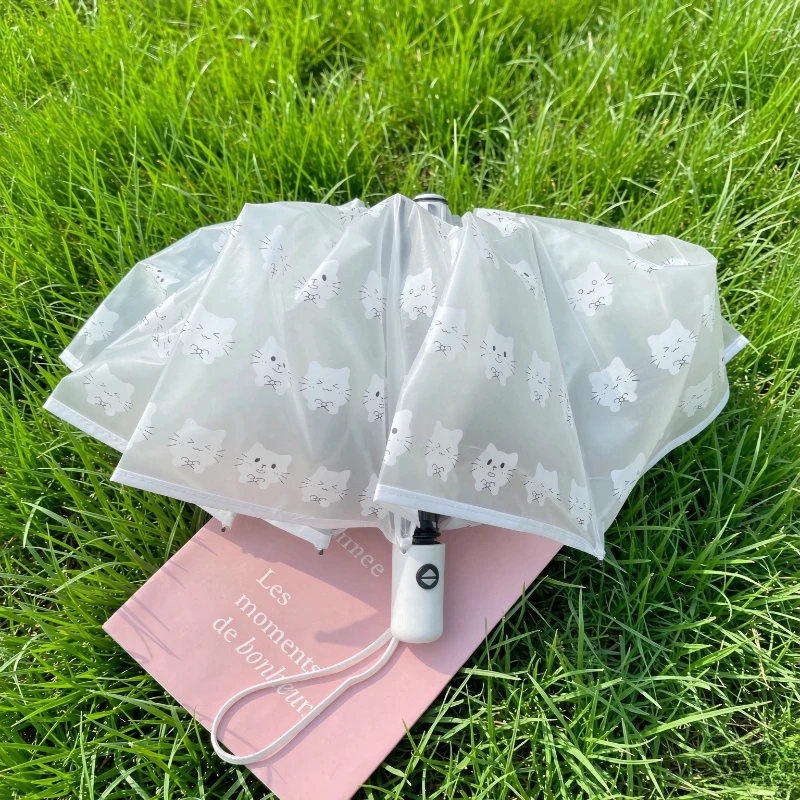Cute Cartoon Cat Automatic Folding Transparent Umbrella 3-Fold Student Rain Parasol for School Travel Daily Use 투명 접이식 우산