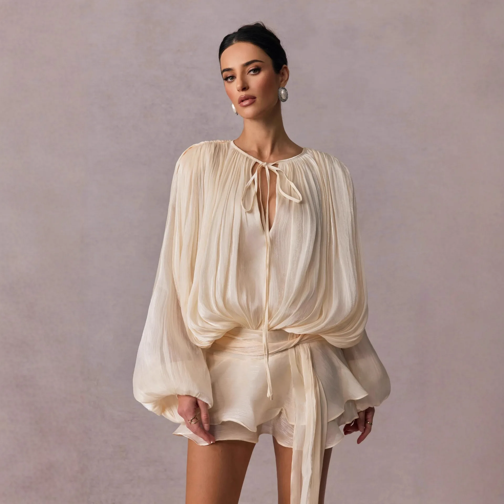 

Women's solid color shirt mini dress V-neck long sleeved patchwork lace up dress