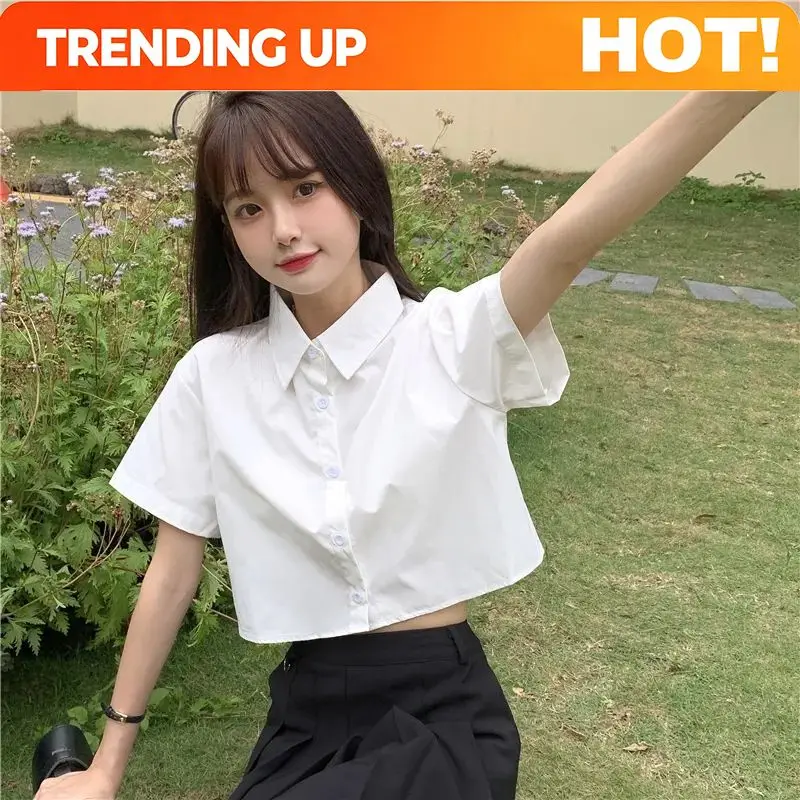 Oversize Cropped White Shirt Women Summer Short Sleeve Polo Neck Button Down Basic Short Sleeve Shirts Korean Female Blouses