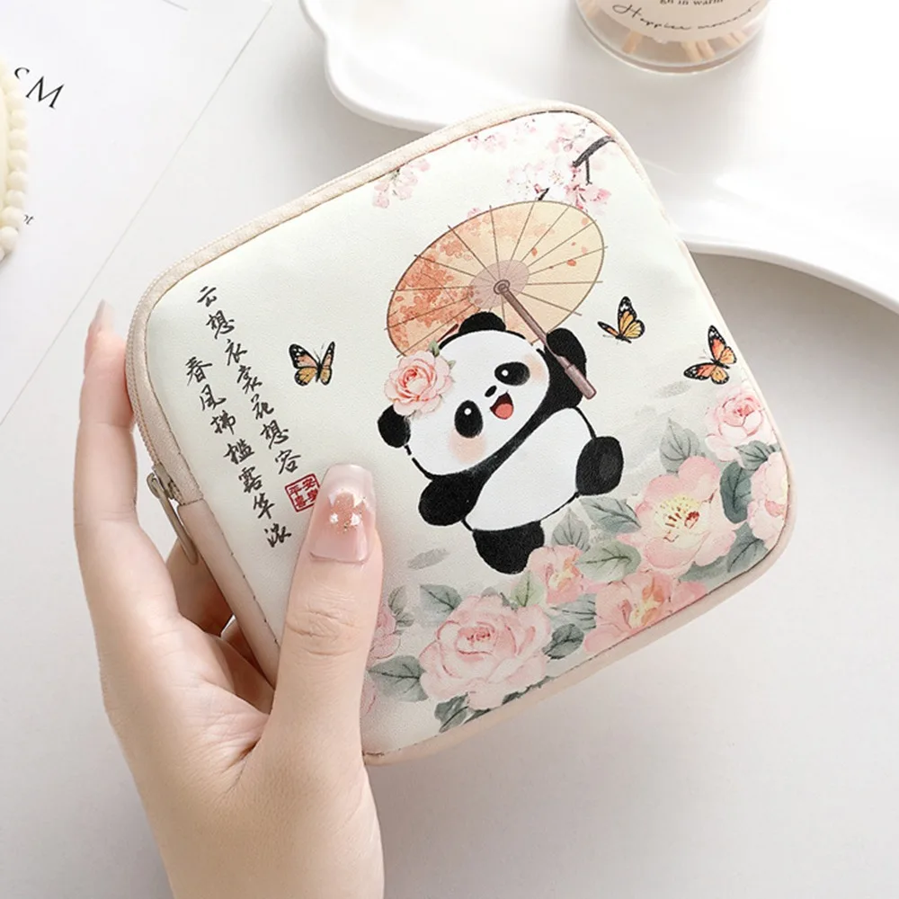 New PVC Sanitary Pads Bag Large Capacity Panda Cosmetic Bag Multipurpose Lipstick Earphones Storage Mini Data Cables Organizer