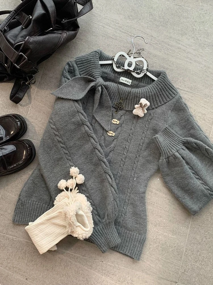 

Winter Vintage Korean Sweet Cute Y2k Knit Soft Sweater Women Slim Fit Long Sleeve Lapel Tops Casual Retro Elegant Chic Pullovers