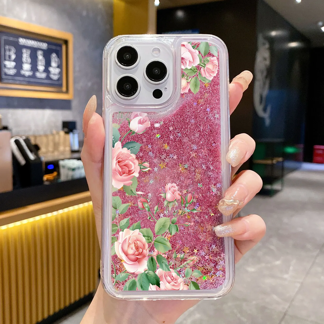 Coque de téléphone transparente de luxe en fleurs de cerisier, liquide dynamique, sable mouvant, pour iPhone 15 14 13 12 11 Pro Max, couverture arrière à paillettes