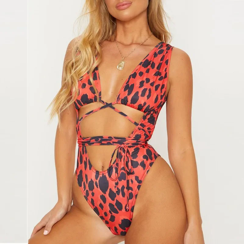 6 Colors New Sexy One Piece Swimsuit Swimwear Women Leopard Snakeskin Print Hollow Cross Straps One-piece Bathing Suit Beachwear