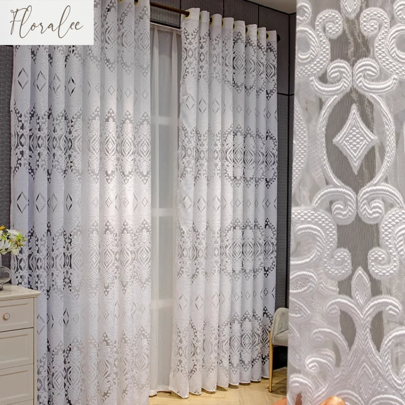 Luxury European High-End Hollow Jacquard Yarn Thickened Semi-Sheer Curtains for Living Room Bedroom Thermal Insulation Custom