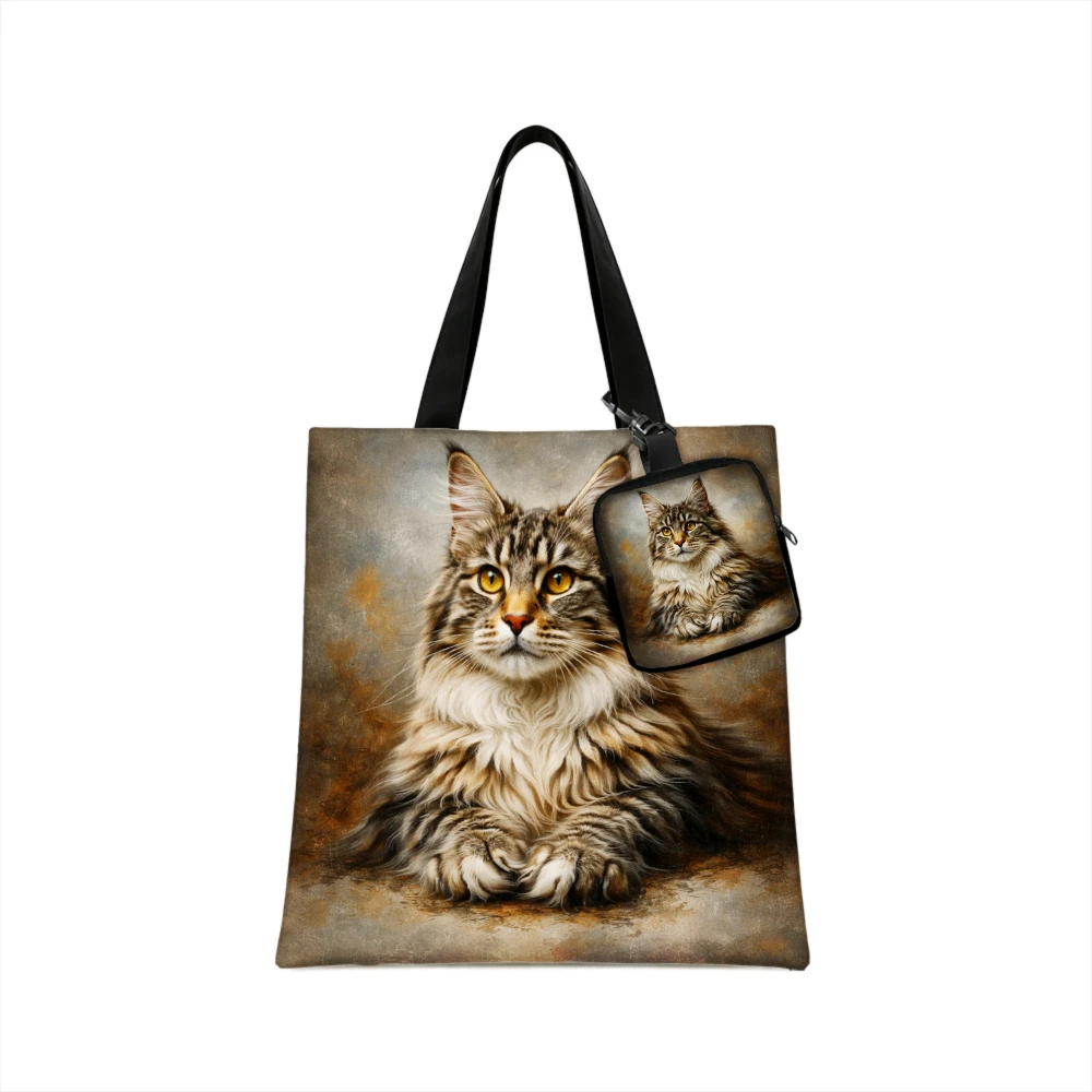 

1/2PC Cat Print Brown And Gray Tote Bag with Matching Coin Purse - Gifts for Cat Lovers Shopping Bag Set