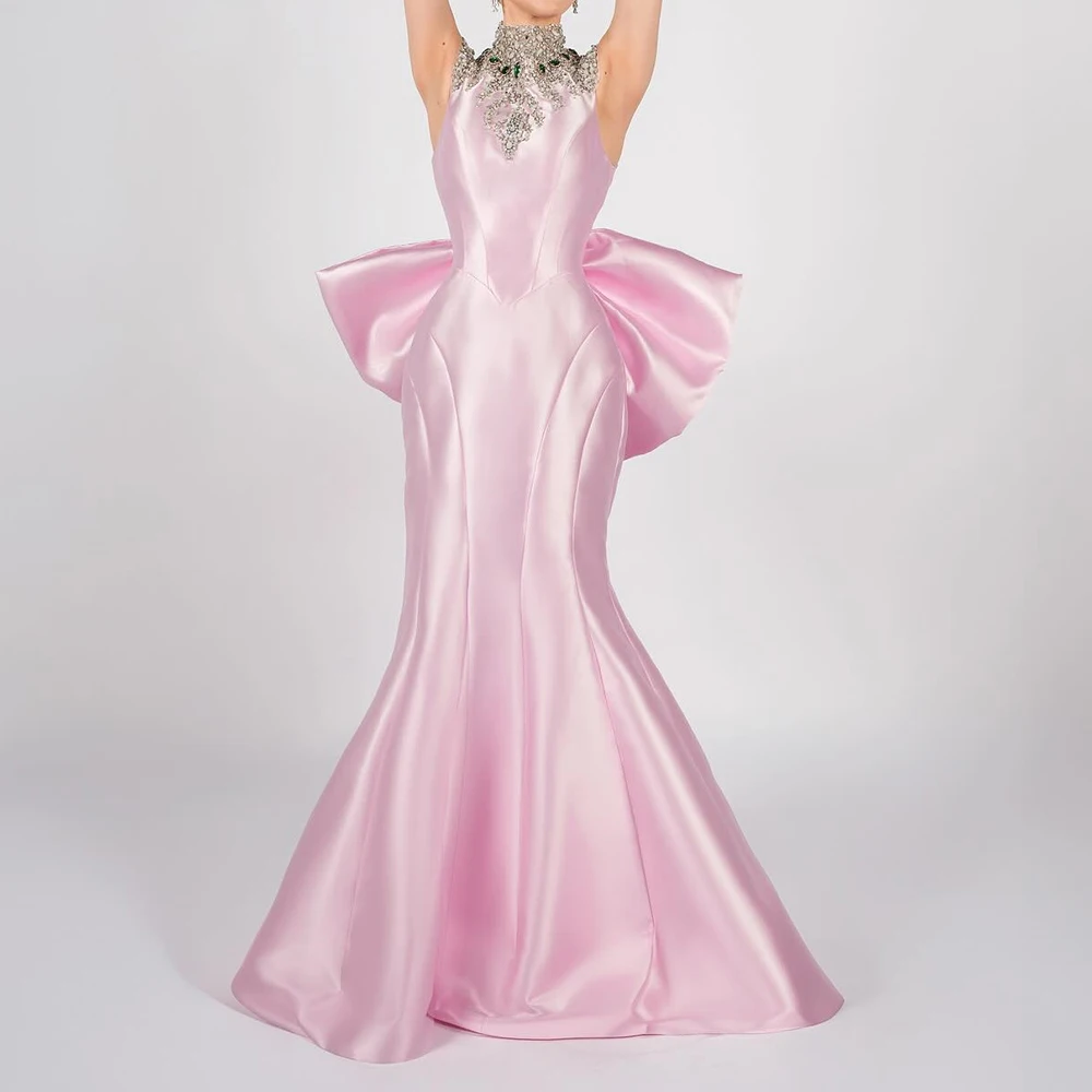 

Customized A-line Evening Dresses Floor-length High-neck Sleeveless Prom Gown Fashion Crystal Beading Bow Draped Party Gown