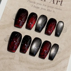 10Pcs Light Luxury Handmade Press On Nails French coffin Cat Eye Fake Nails with Diamond Full Cover Wearable Artificial Nail Tip