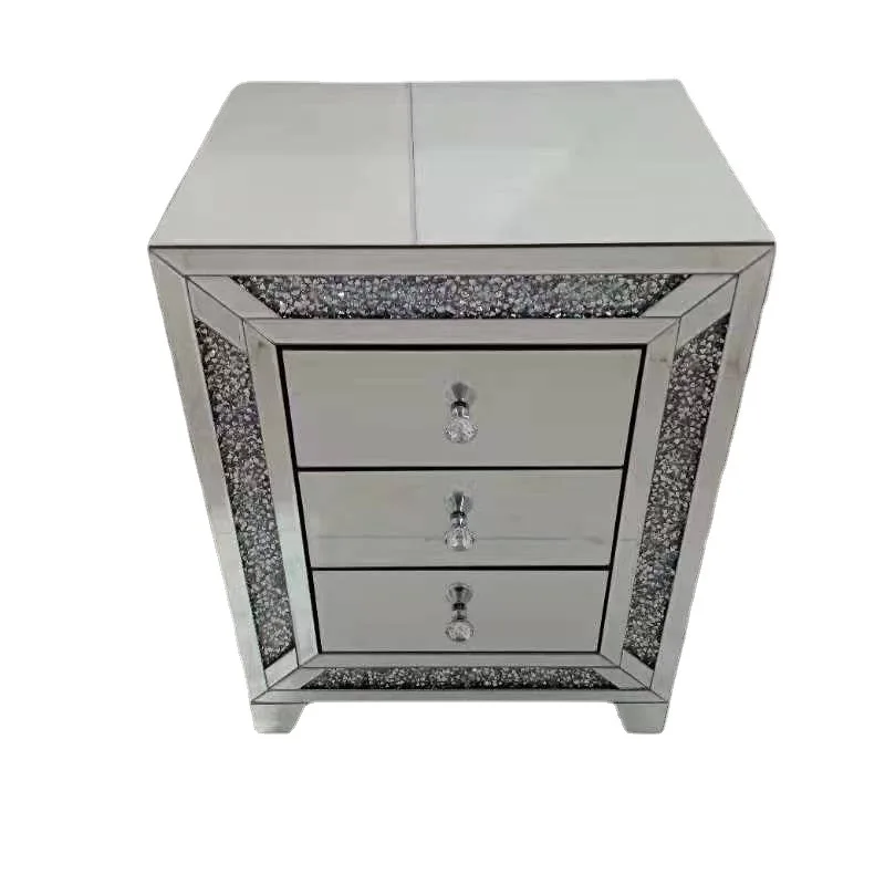 #Silver Modern Simple Mirror Glass Rhinestone Crystal Bedside Table