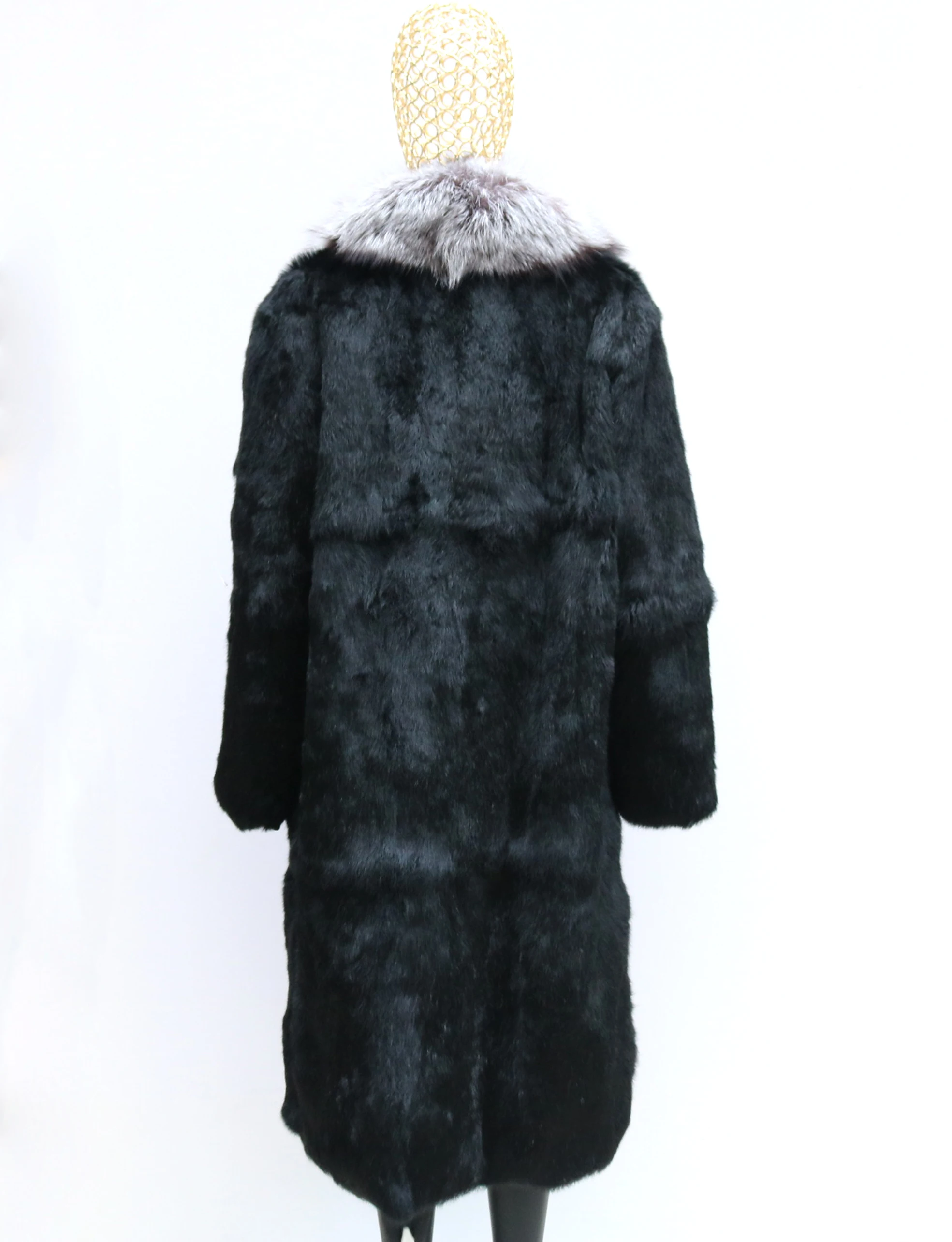 หรูหราฤดูหนาวแจ็คเก็ตผู้หญิงสีดําปุยอบอุ่นขนสัตว์กระต่ายจริงขนาดใหญ่ Silver Fox ขนสัตว์ยาวเสื้อขนสัตว์