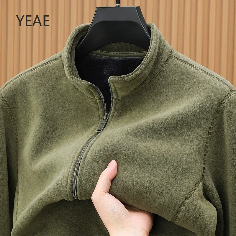 YEAE 2024 Polar Fleece Men's Jacket Autumn and Winter Plus Velvet Thickened Stand Collar Zipper Cardigan Top Clothing Coat New