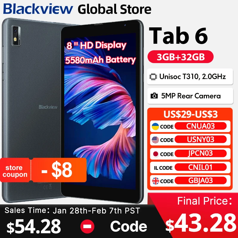 Blackview Tab 6  Tablet  8'' HD Display Unisoc T310  3GB 32GB 4G 3.5mm jack 5580mAh Battery GPS 5MP Camera Android 11 Pad PC