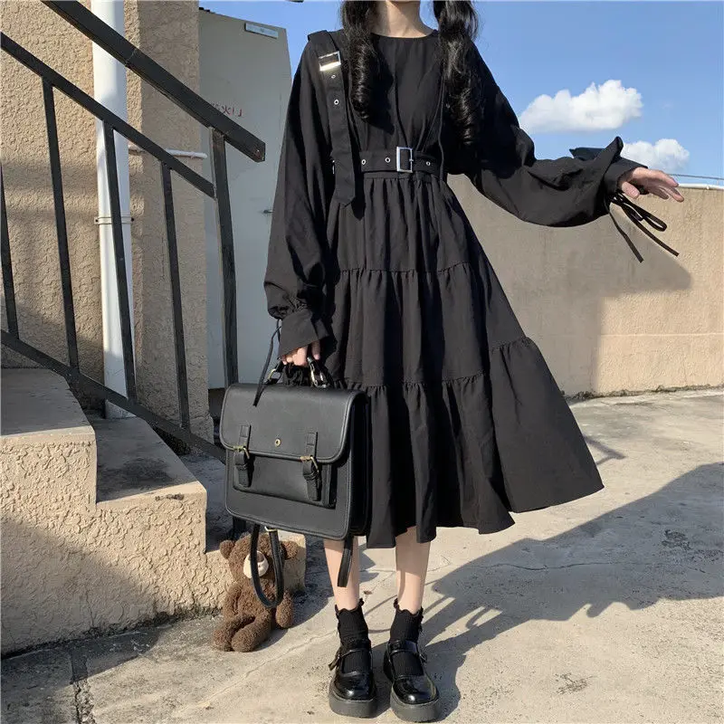 

Y2K New Japanese Academy Style Female Student Loose and Slim Style Dress with Wrinkled Long Sleeves and Backstraps Black Dress