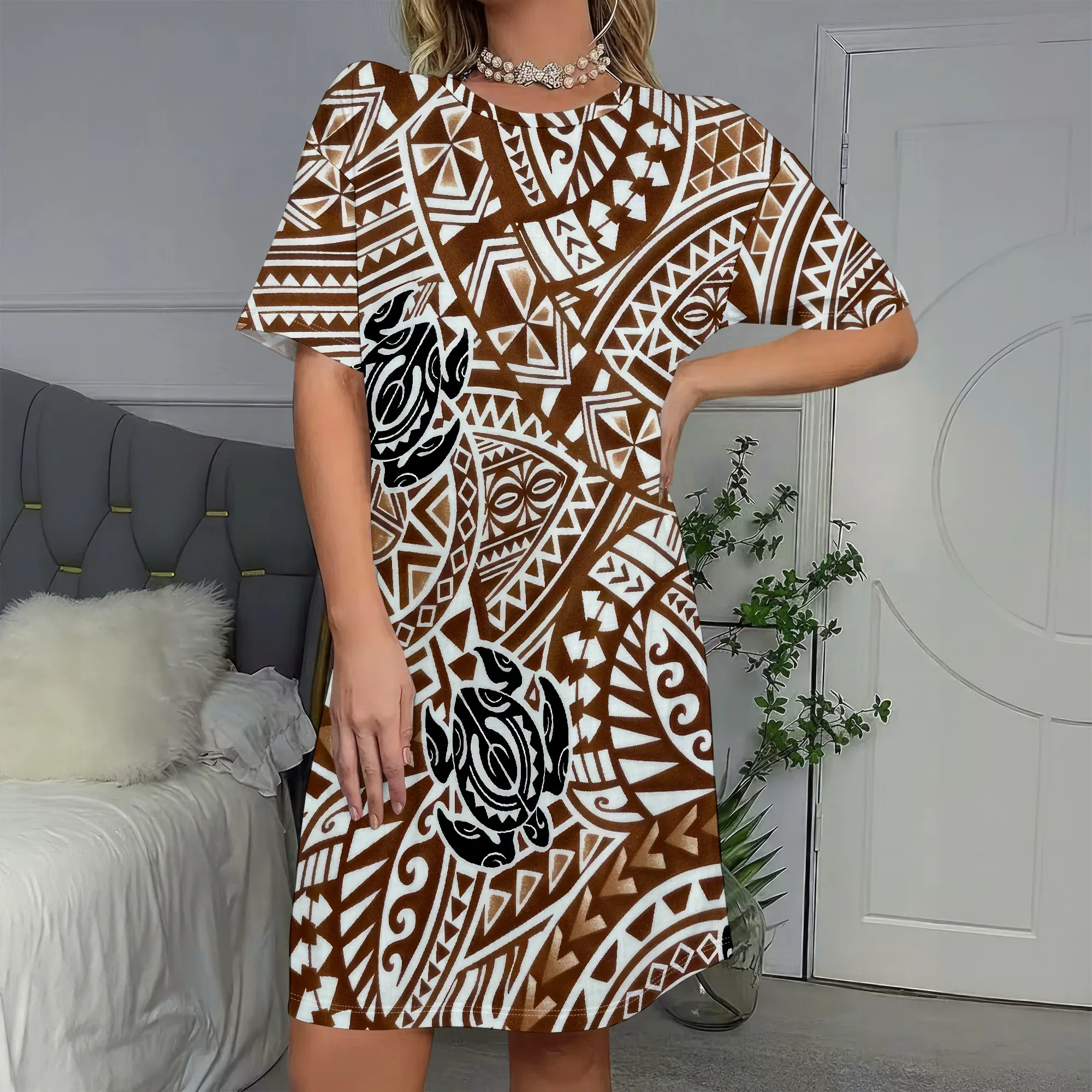 

Polynesian Turtle Print Dress, Tribal Pattern Tunic, Brown Ethnic Beachwear, Summer Vacation Outfit, S-2XL