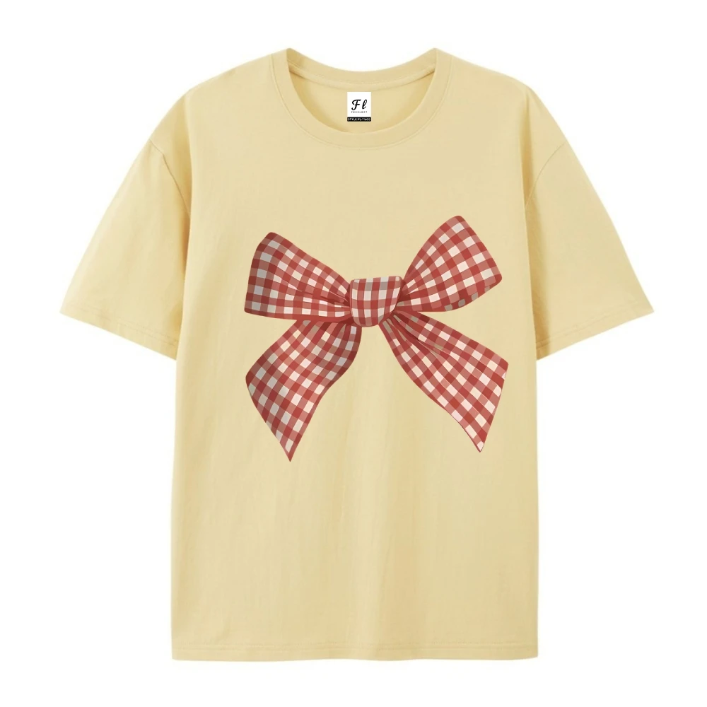 T-Shirt à manches courtes et col ras du cou pour femme, vêtement d'été décontracté, avec nœud vichy, imprimé graphique, confort, coupe régulière