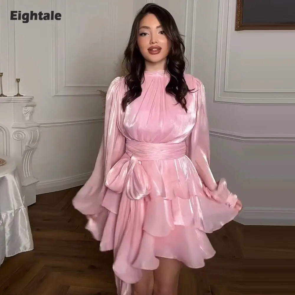 

Eightale Arabic Evening Dress High Neck Pleats Crepe Pink Ruffled Customized Short Prom Wedding Party Gown