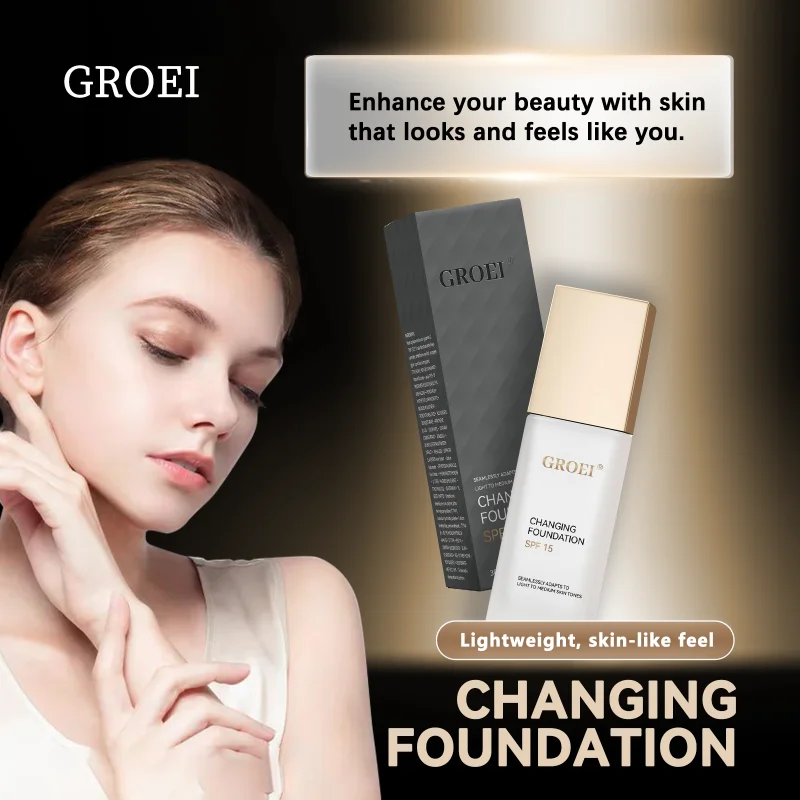 GROEI Changing Foundation FPS 15 - 30ml Maquiagem adaptativa de cor, combina automaticamente seu tom de pele, cobertura leve para manchas e vermelhidão