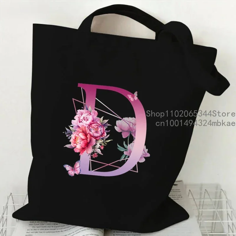 Borsa tote in tela retrò con motivo floreale viola con alfabeto Borsa shopper riutilizzabile da donna per uomo Borse a tracolla con lettera di moda