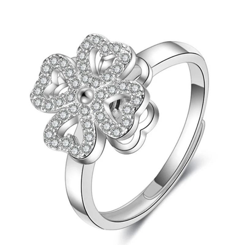 Rotating Jewelry Four-Leaf Adjustable Clover Ring Anxiety Women Good For Spinner Sparkling Gentle Flower Ring For Festival Gifts