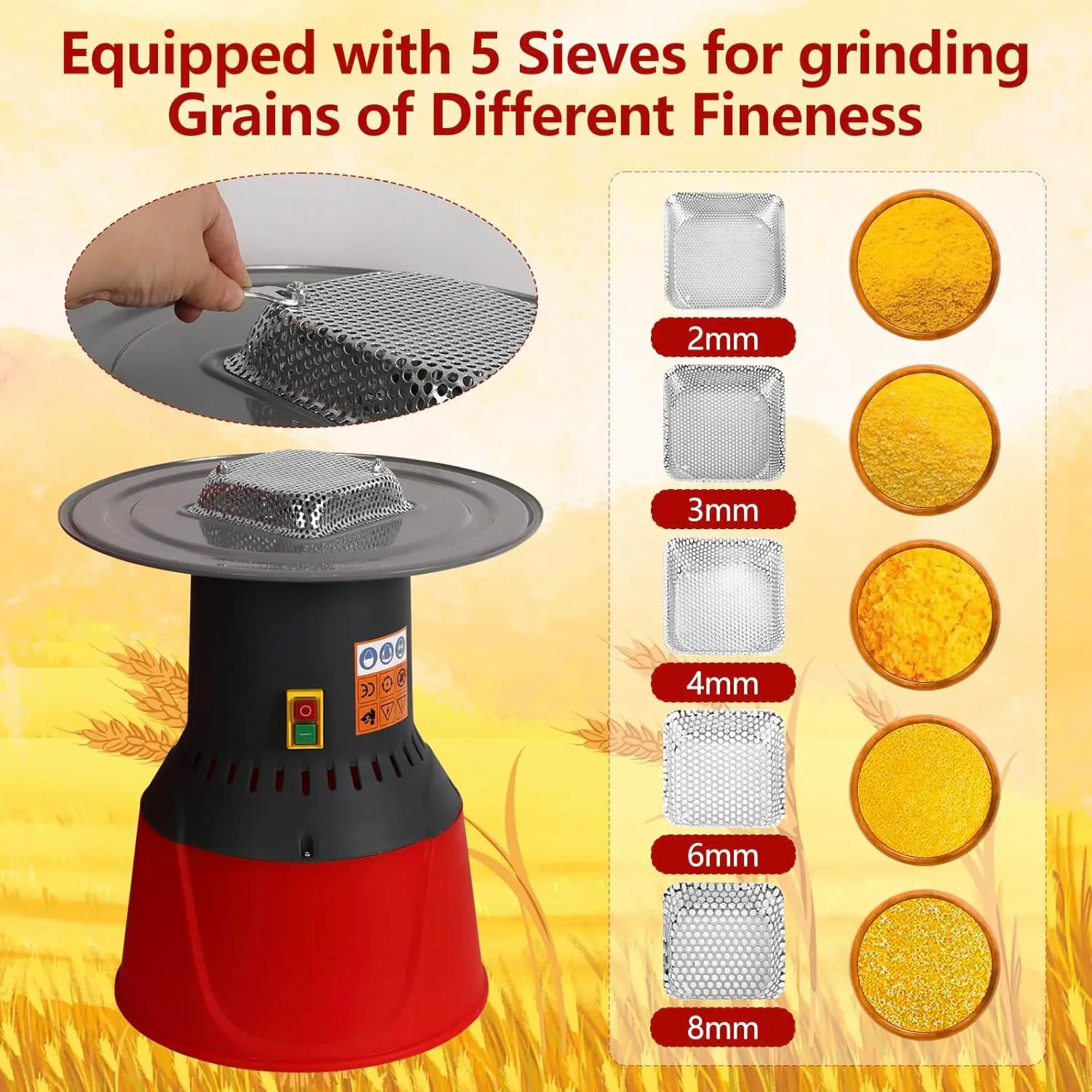 Agricultural Feed Grain Mill Grinder for Wheat Corn Spice w/5 Filter&Detachable Bucket&Hopper,1300W Dust-free Automatic Dry Corn