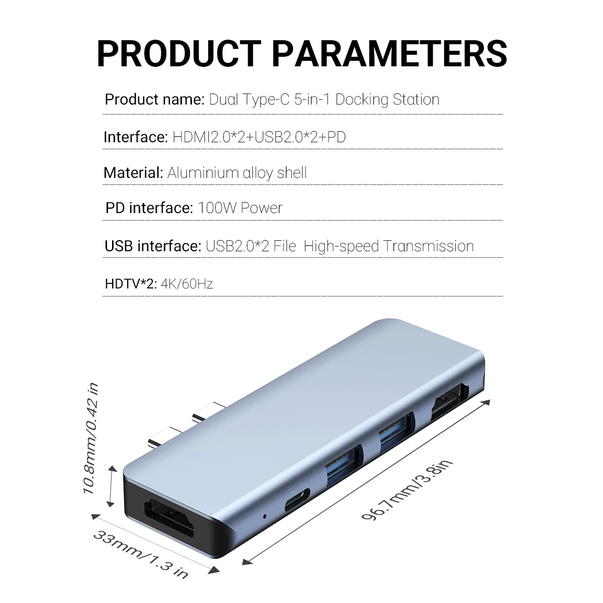 맥북 프로 에어용 USB-C 허브 노트북 도킹 스테이션, USB C에서 듀얼 HDMI 어댑터, 4K 60Hz HDMI * 2, PD100W , USB2.0 포트, 5 인 1