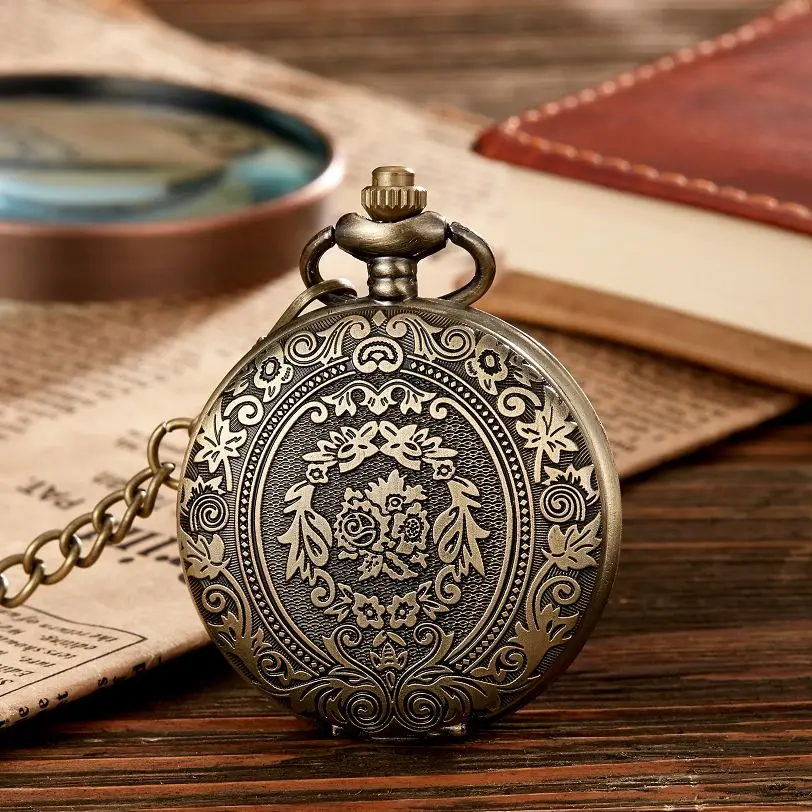 Antique Steampunk Vintage Arabic Numerals Quartz Pocket Watch Floral Pattern Case Necklace Pendant Clock Chain Men Women