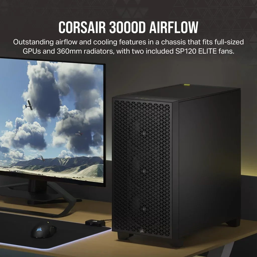 The CORSAIR 3000D AIRFLOW WHITE presents a mid-tower ATX chassis with an efficient high-airflow design