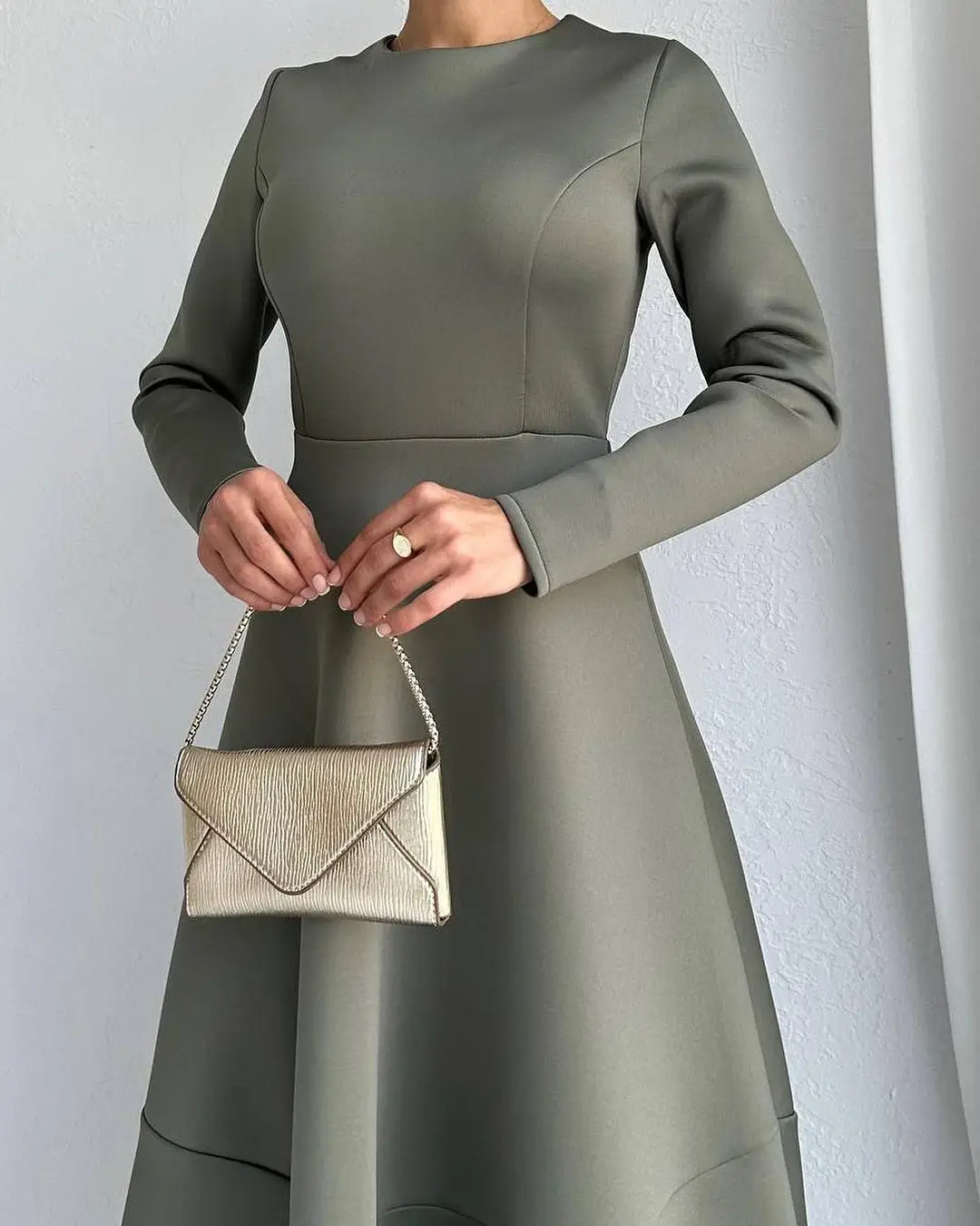 Sapmae O-neck A-line Full Sleeve Brown Tea-length Zipper Up Simple Prom Evenning Cocktail Formal Dress For Women In Summer