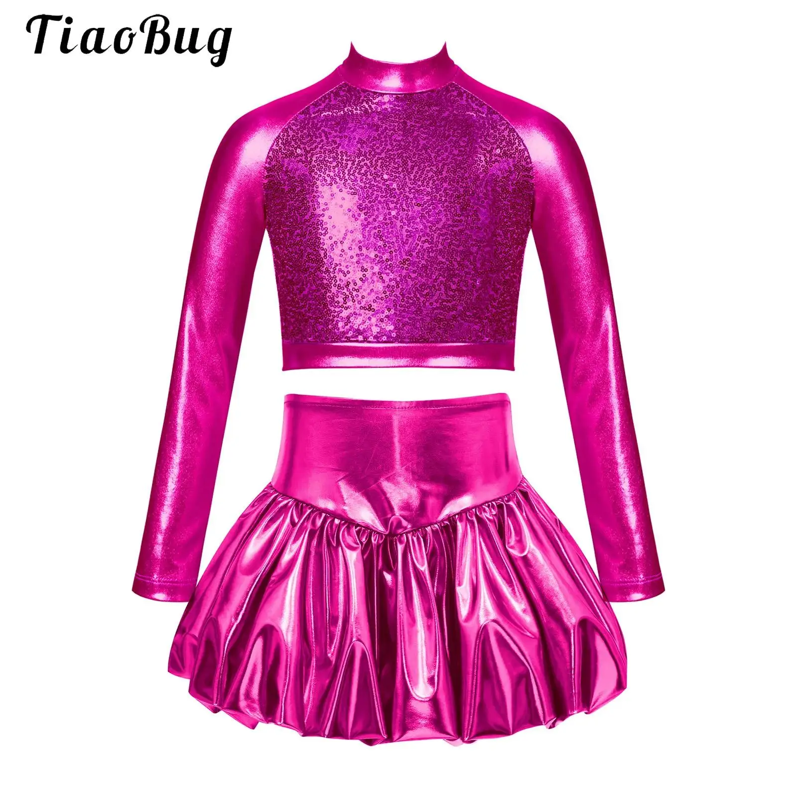 

Kids Girls 70s Disco Costume Outfit Long Sleeve Shiny Sequin Crop Top with Metallic Bubble Skirt Cheerleading Jazz Performance